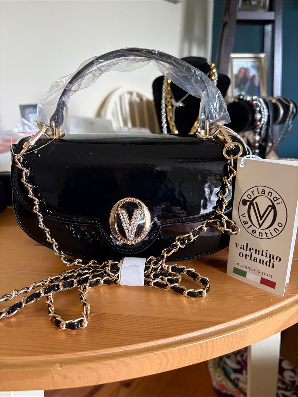 Valentino Orlandi Black Patent Leather Chain-Detail Crossbody